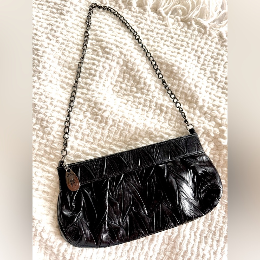 Jessica McClintock vegan leather bag with gunmetal grey chain. H 10in x w 5.5in.